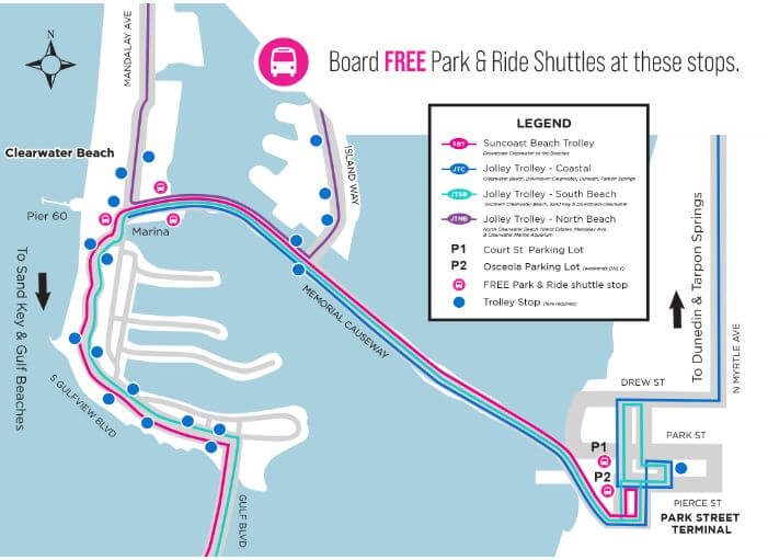 Clearwater Beach free park and ride map. 