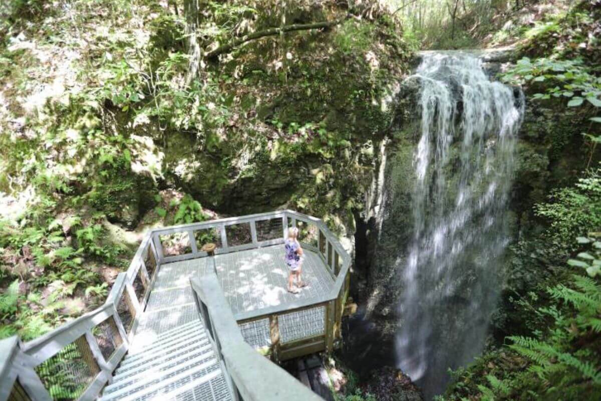 Observation deck by waterfall. 