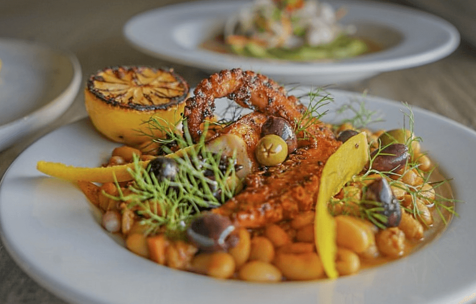 Octopus over a bed of beans from Sea Worthy Fish Bar
