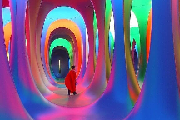 Person in a colorful hallway. 