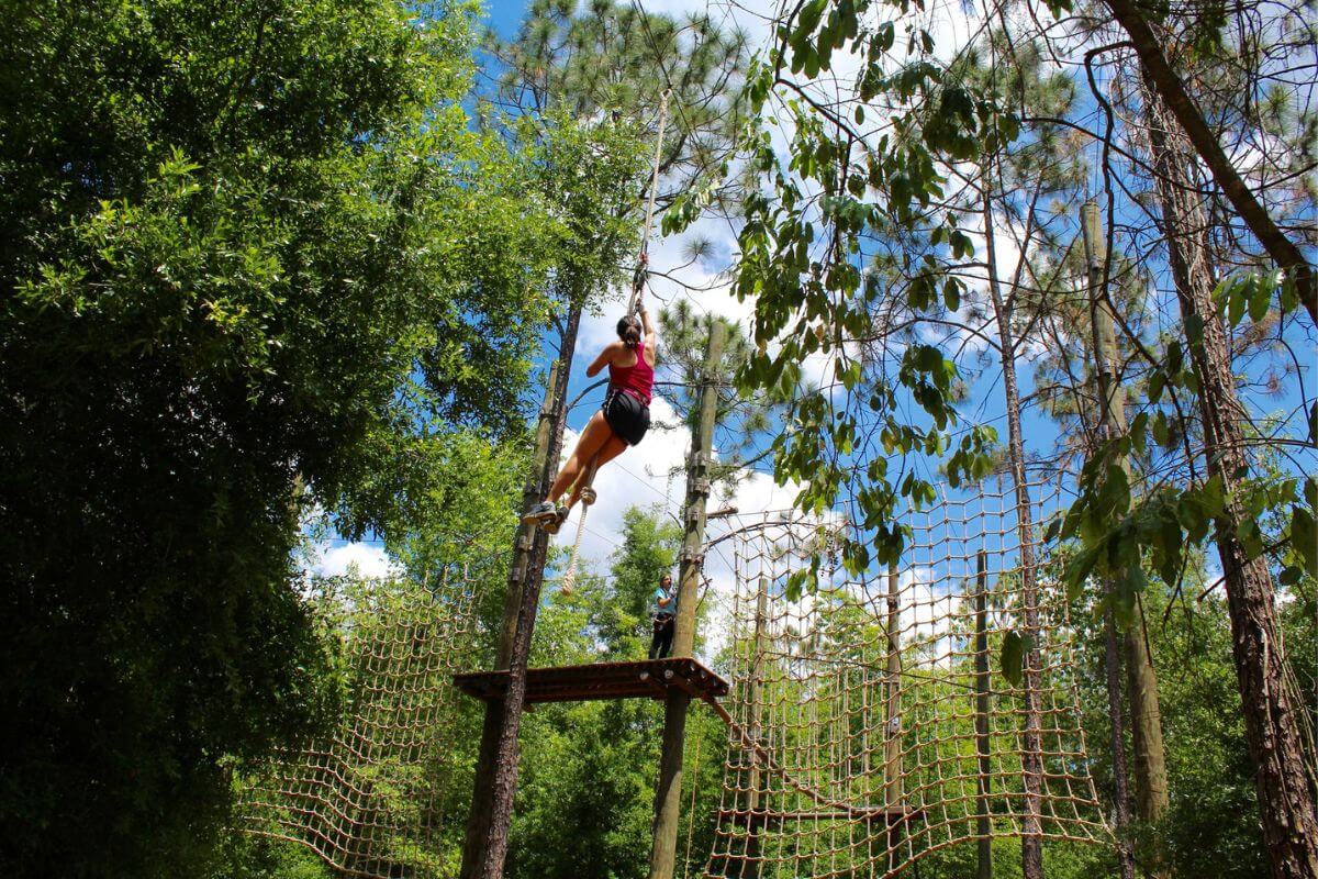 Person on ropes course.