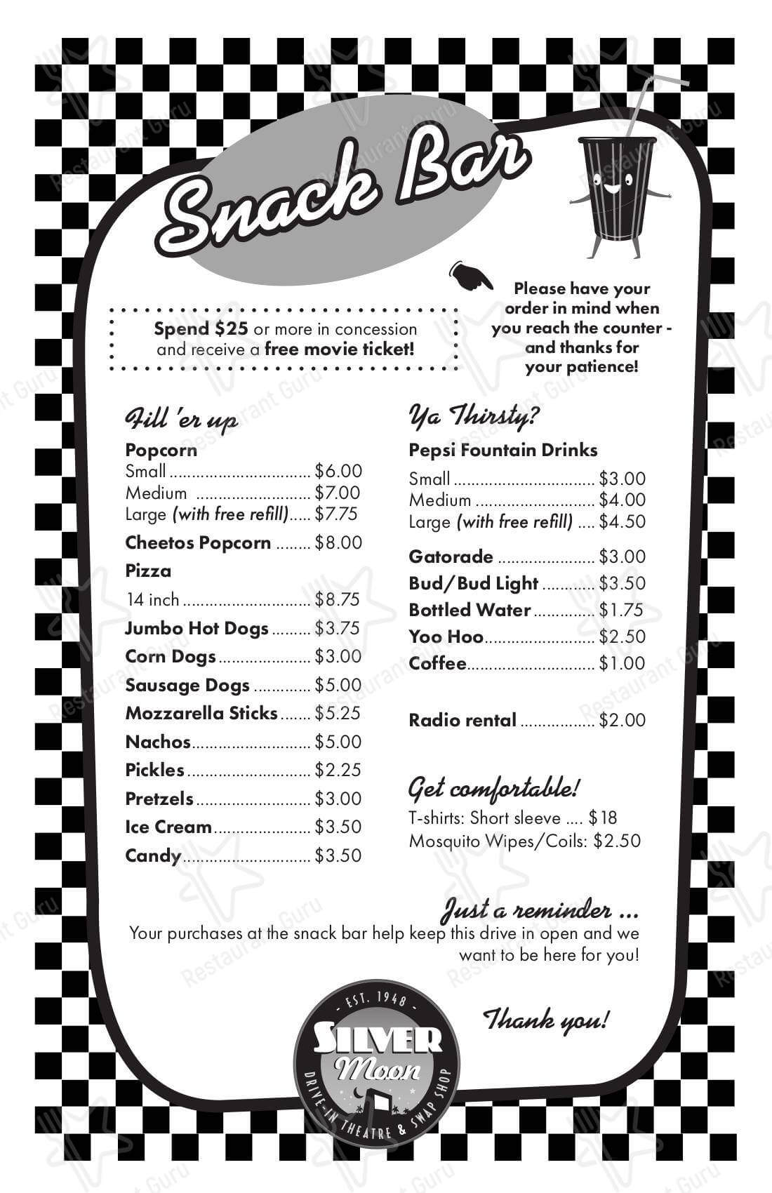 Silvermoon Drive In Restaurant menu.