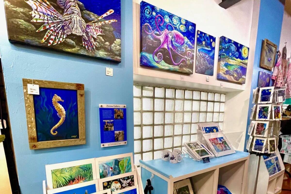 Variety of art on display featuring sea life. 