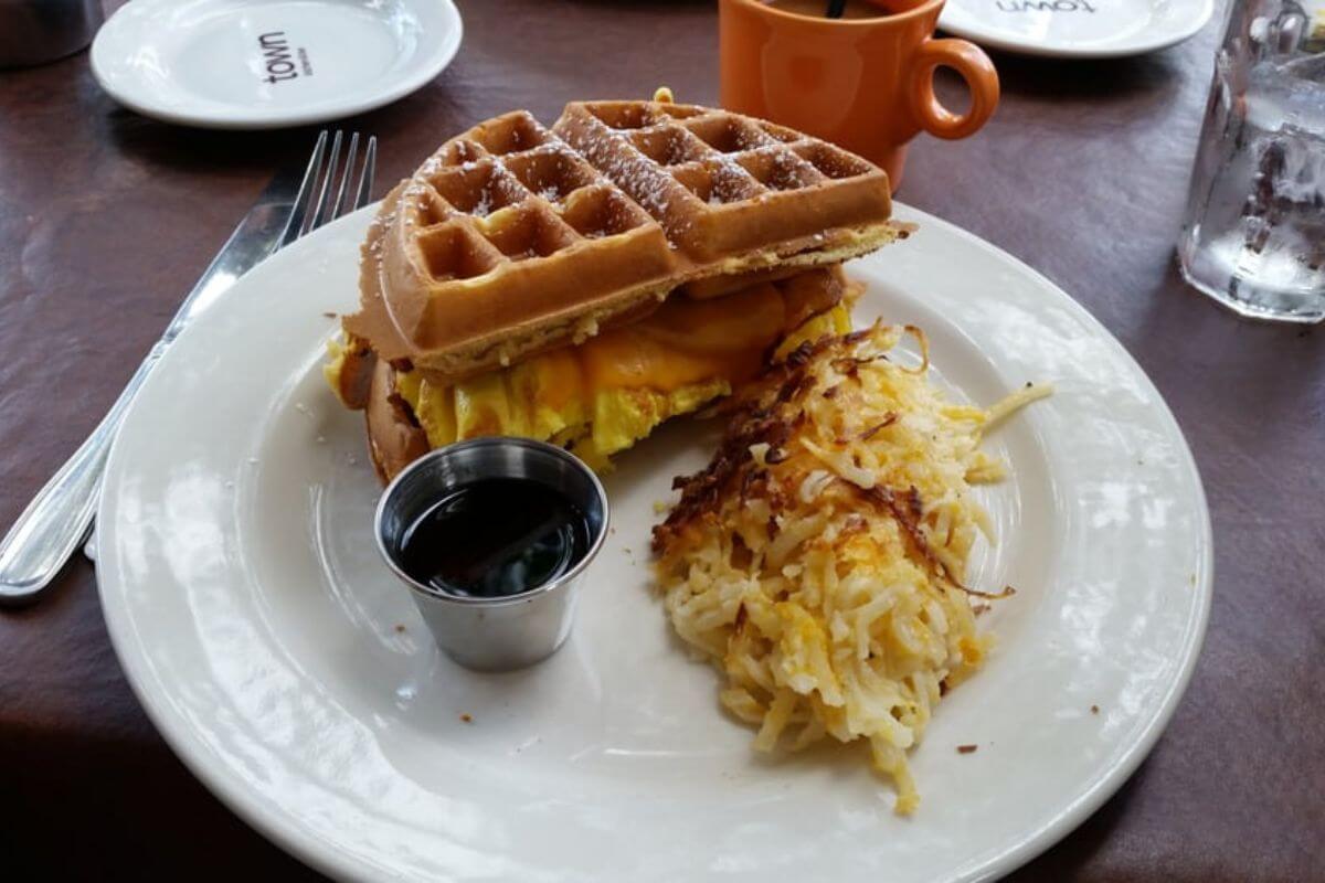 Waffle sandwich on a plate. 