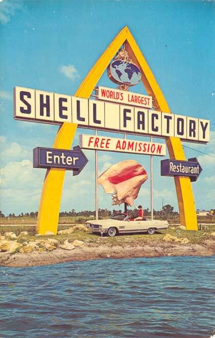 Vintage postcard of the sign for the Shell Factory in North Fort Myers