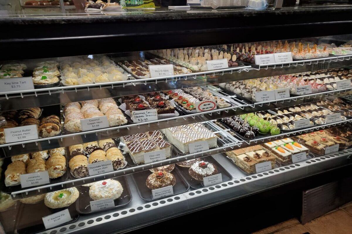 Bakery display case with a variety of treats. 