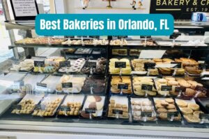 Text that reads best bakeries in Orlando on a display case.