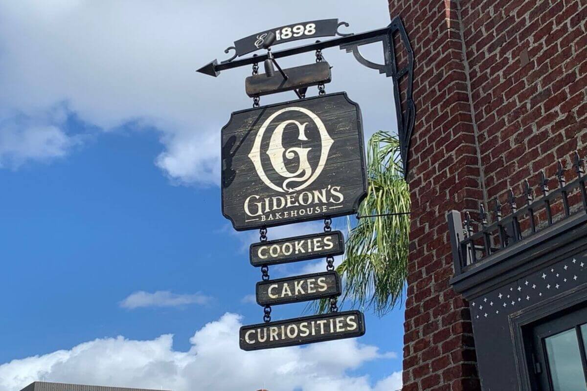 Bakery exterior with a sign that reads Gideon's Bakehouse. 