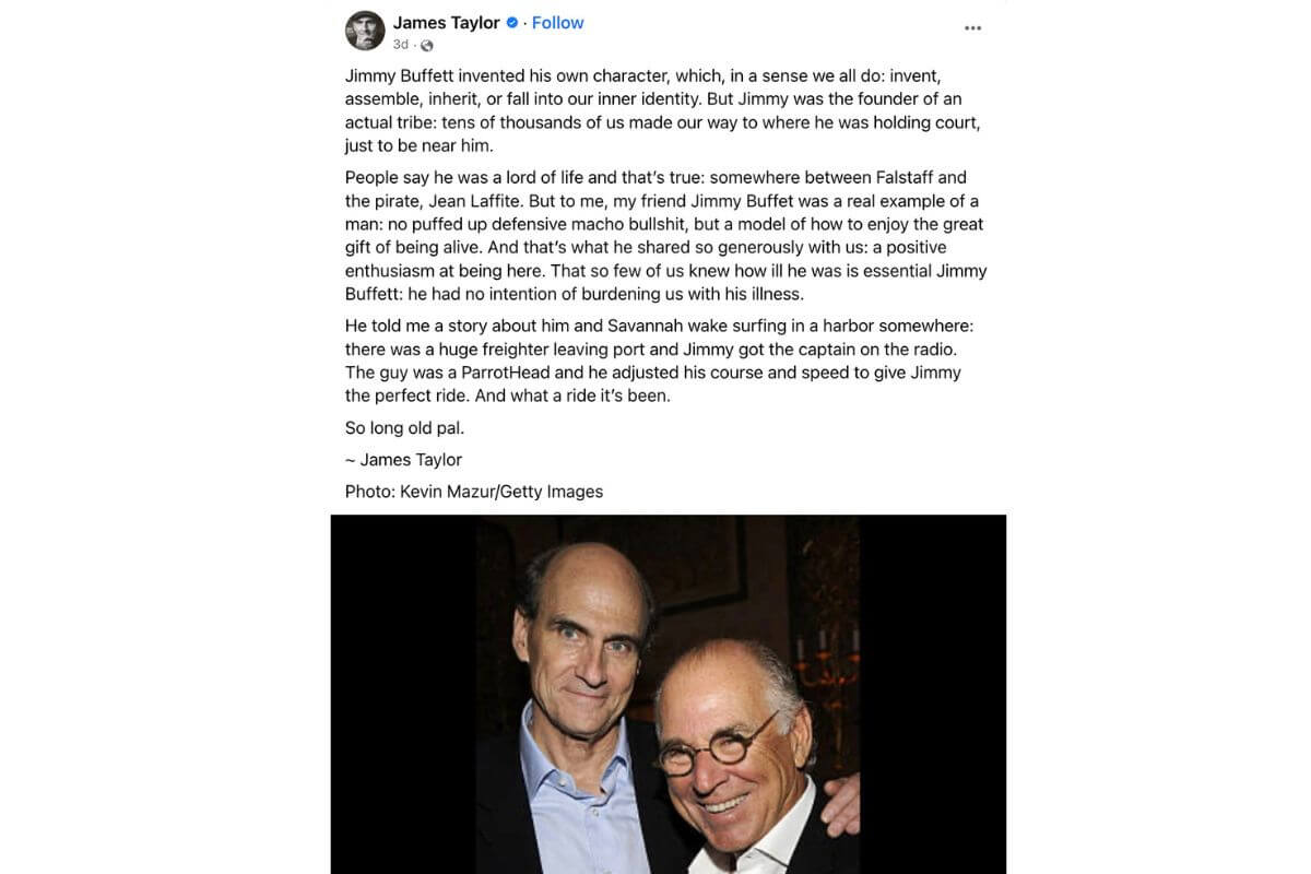 James Taylor Facebook post about Jimmy Buffett