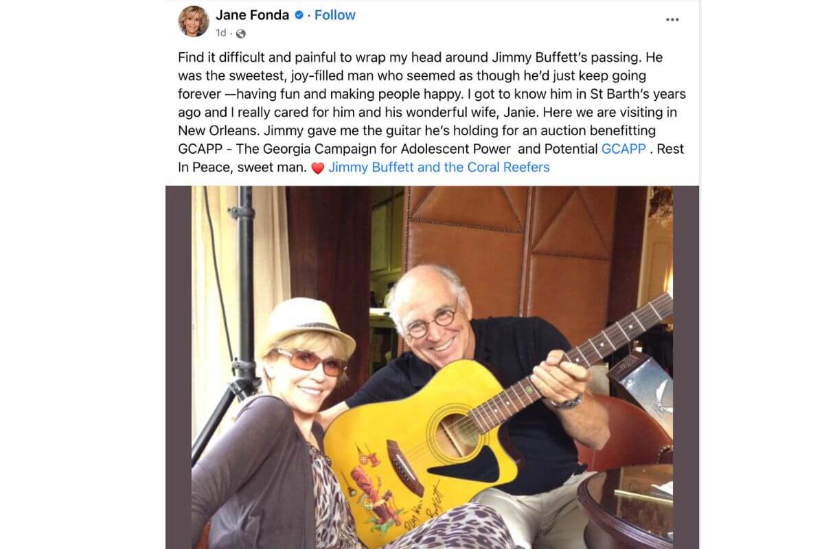 Jane Fonda Facebook post about Jimmy Buffett