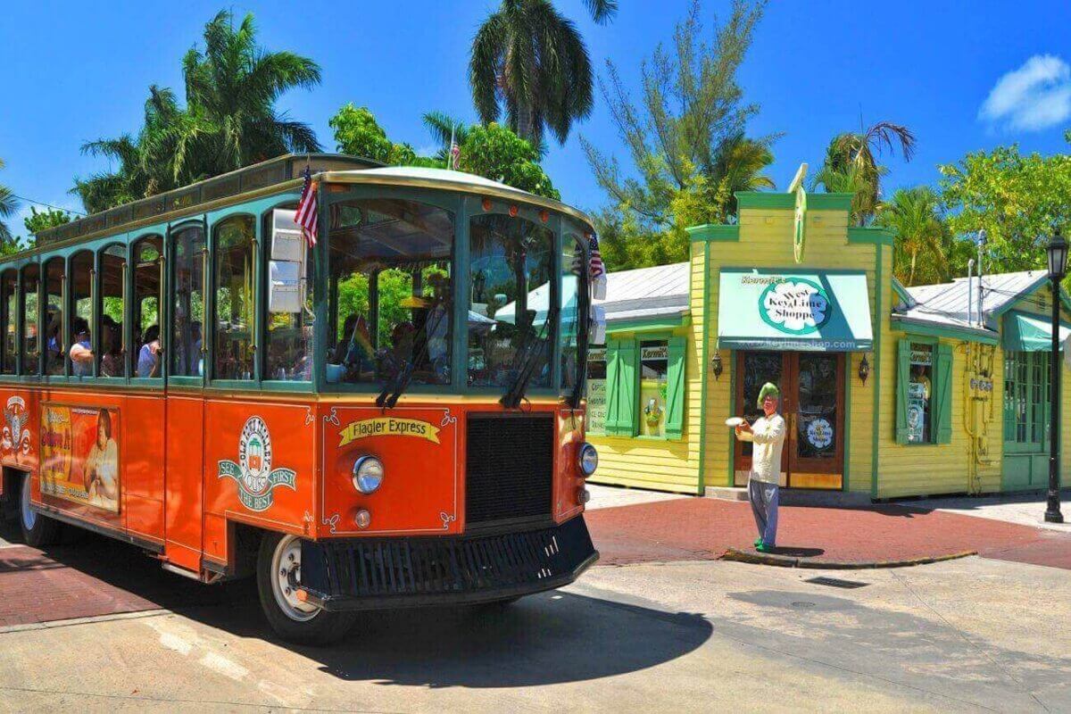 Trolley and bakery exterior Key West Key Lime Shoppe.
