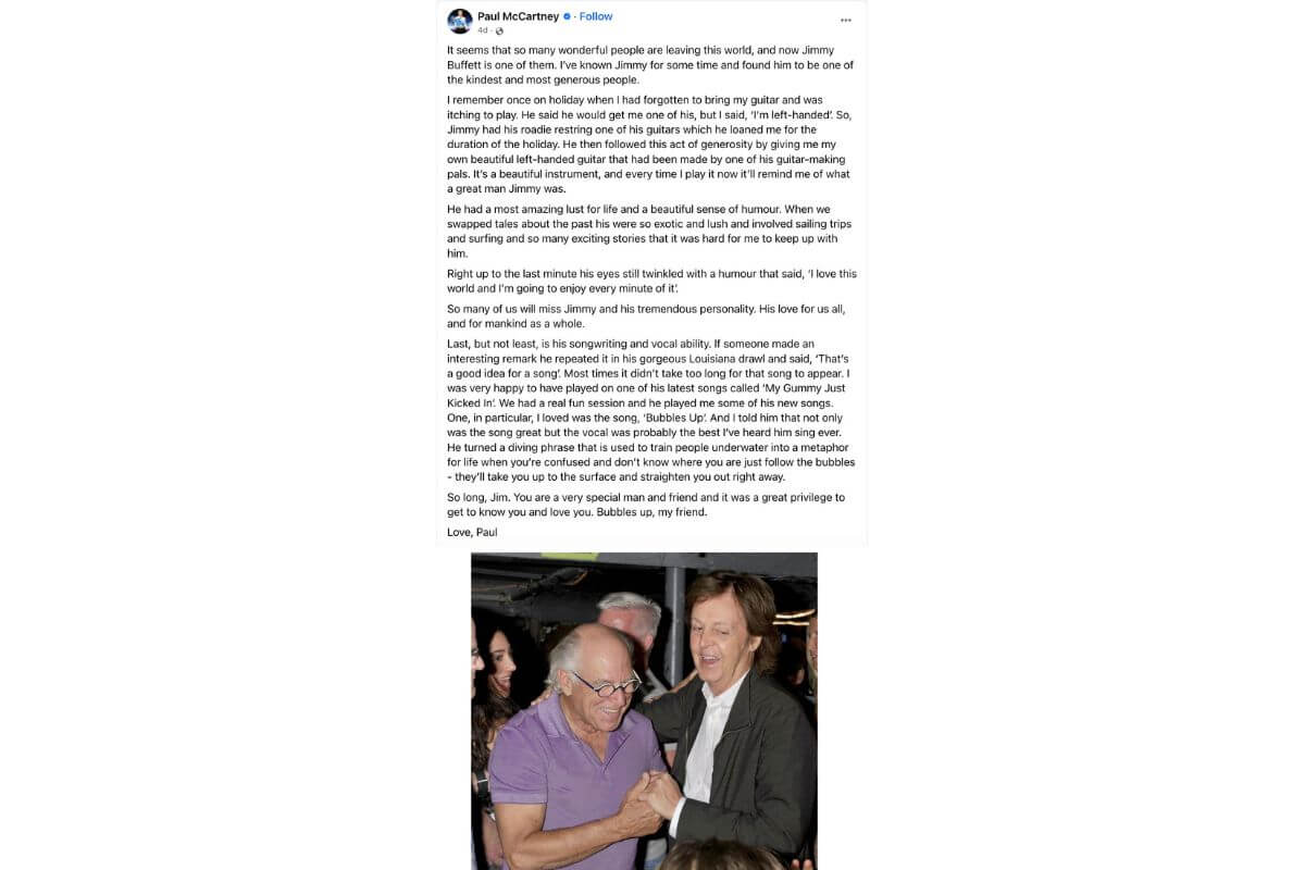 Paul McCartney Facebook post about Jimmy Buffett