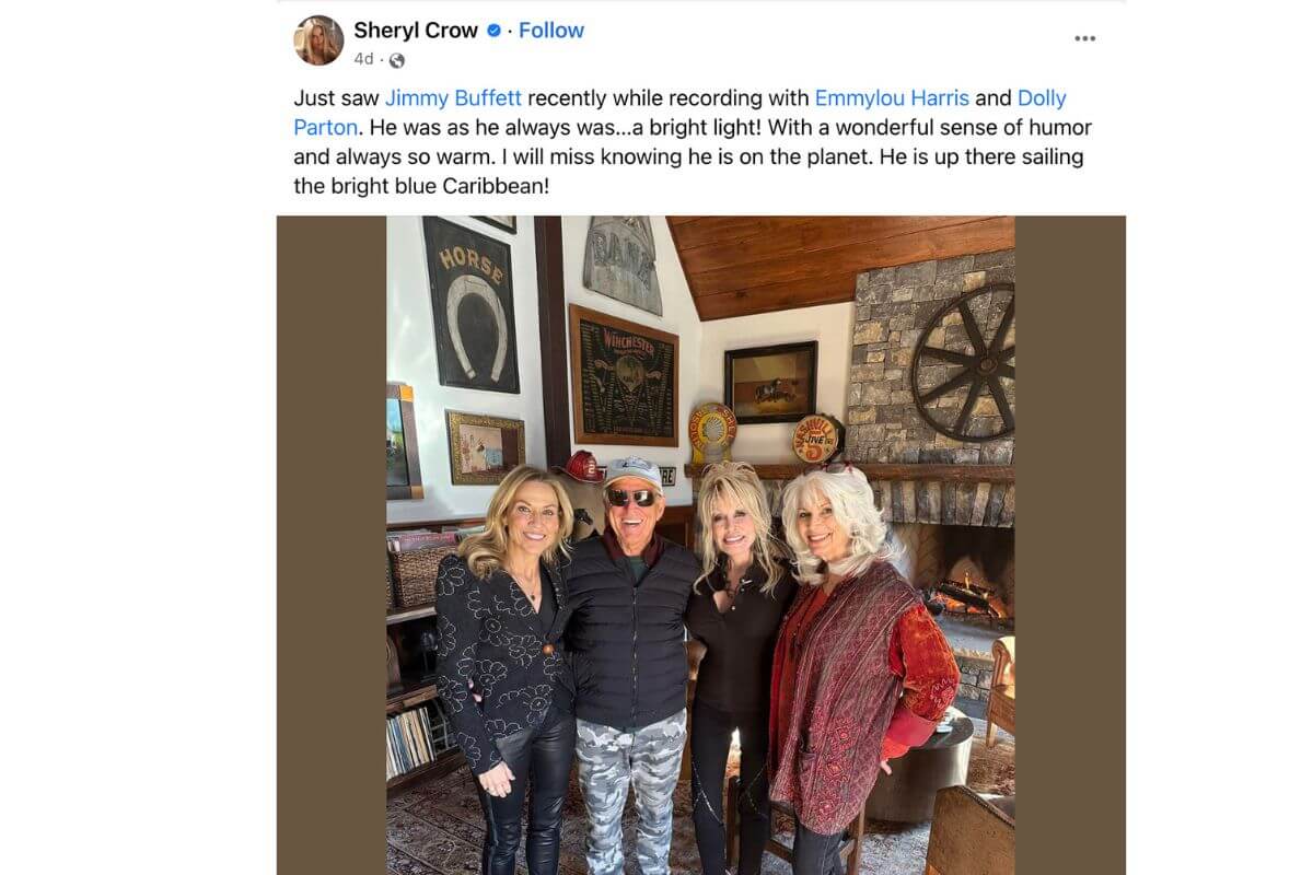 
Sheryl Crow Facebook post with Dolly Parton and Emmylou Harris about Jimmy Buffett