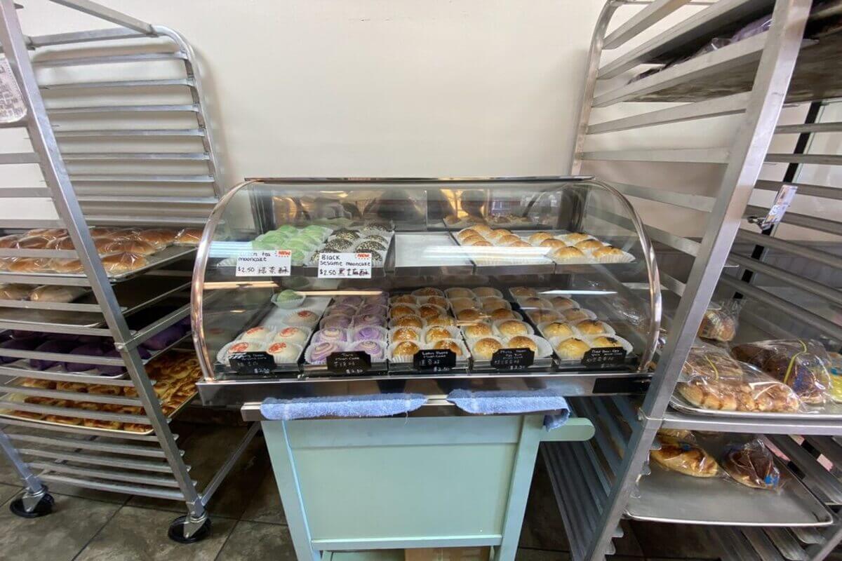 Baked goods in a display case. 