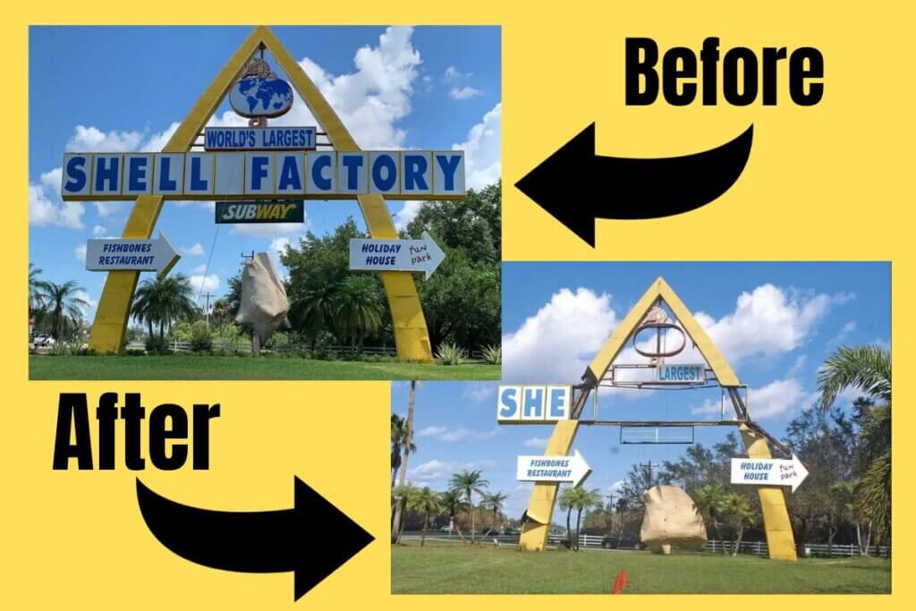 Before and After Hurricane Ian photos of the iconic Shell Factory sign
