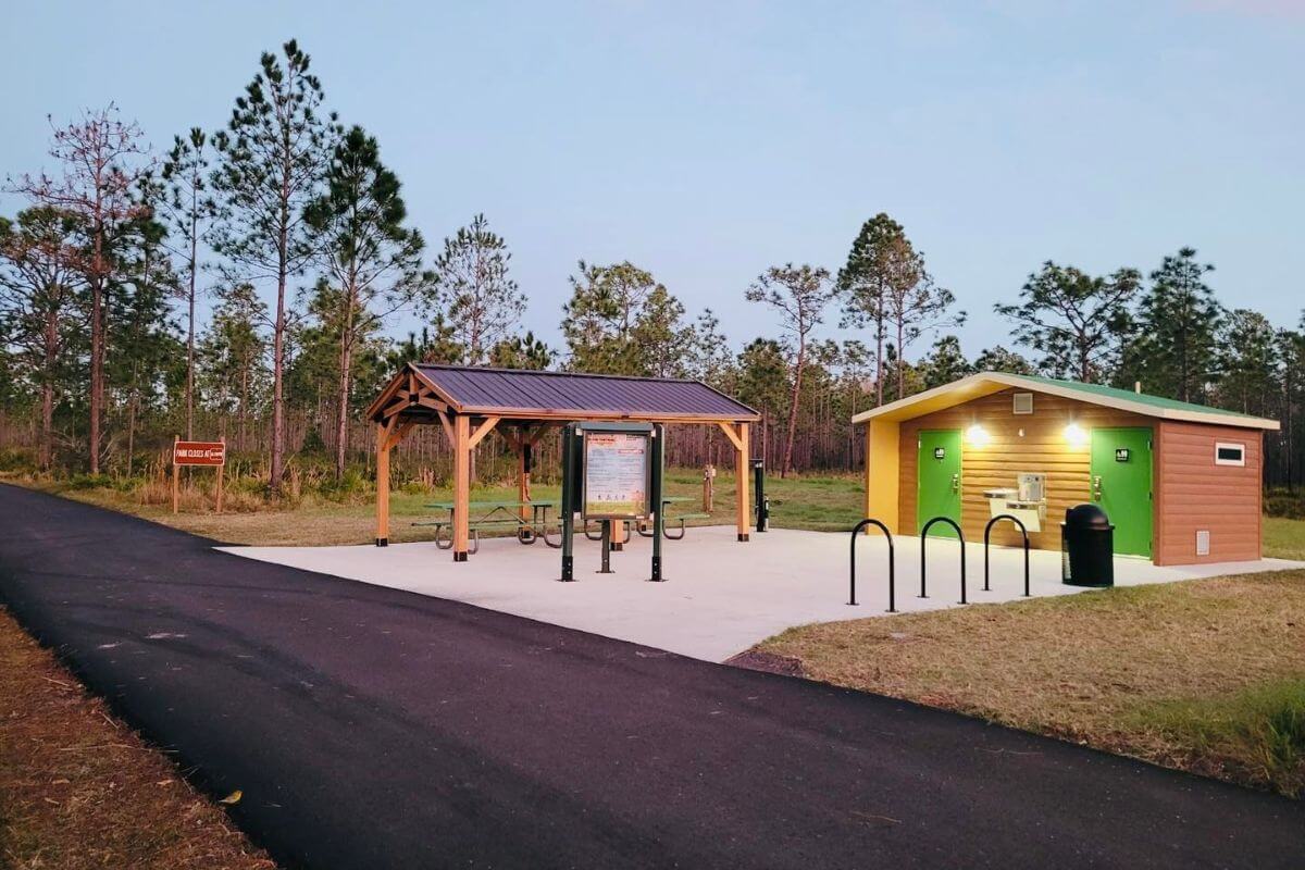 Jay B. Starkey Wilderness Park picnic tables and restrooms