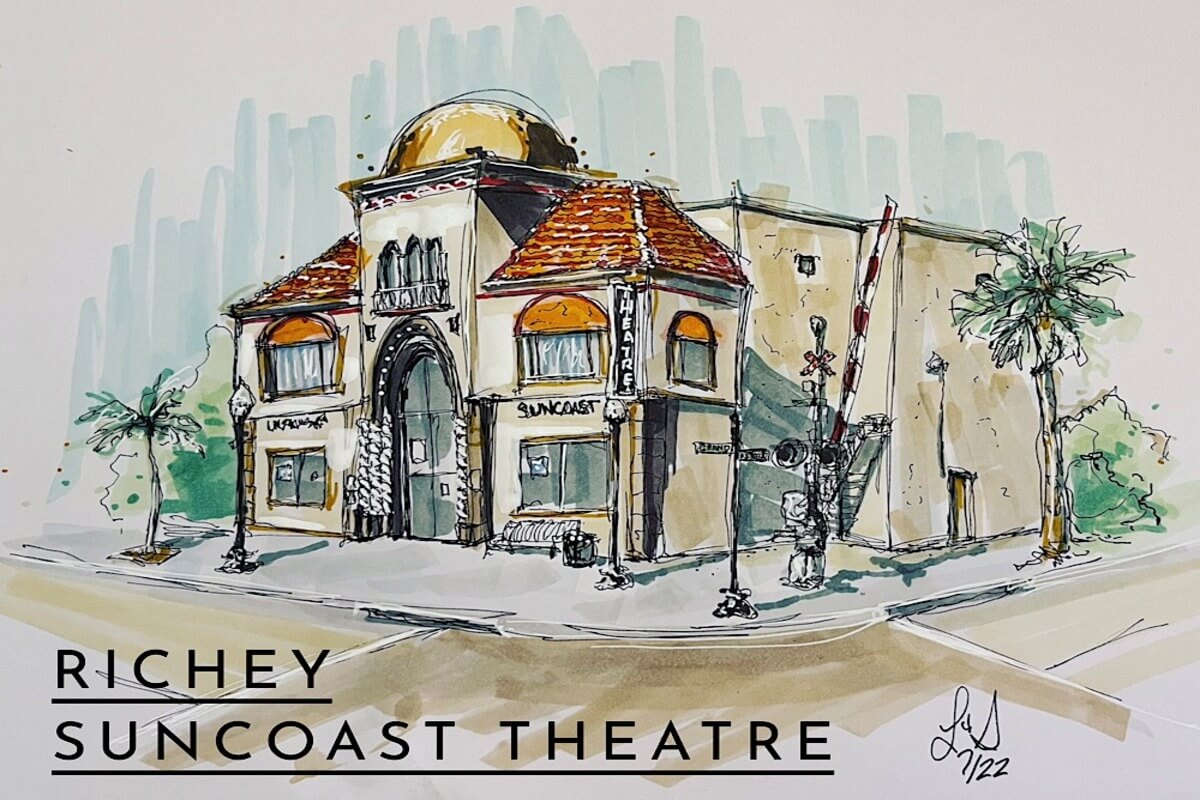 Artist drawing of a theatre with the words Richey Suncoast Theatre on it. 