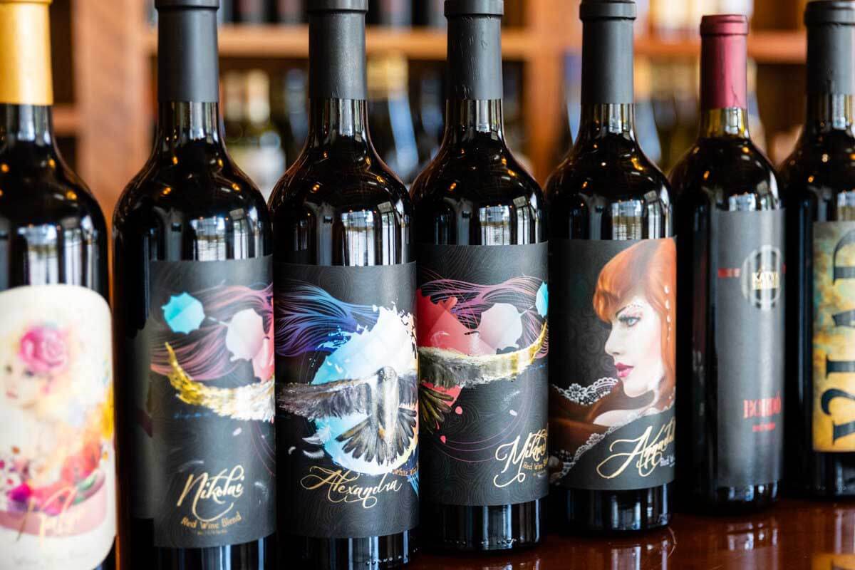 Katya Vineyards Wine bottles on display.