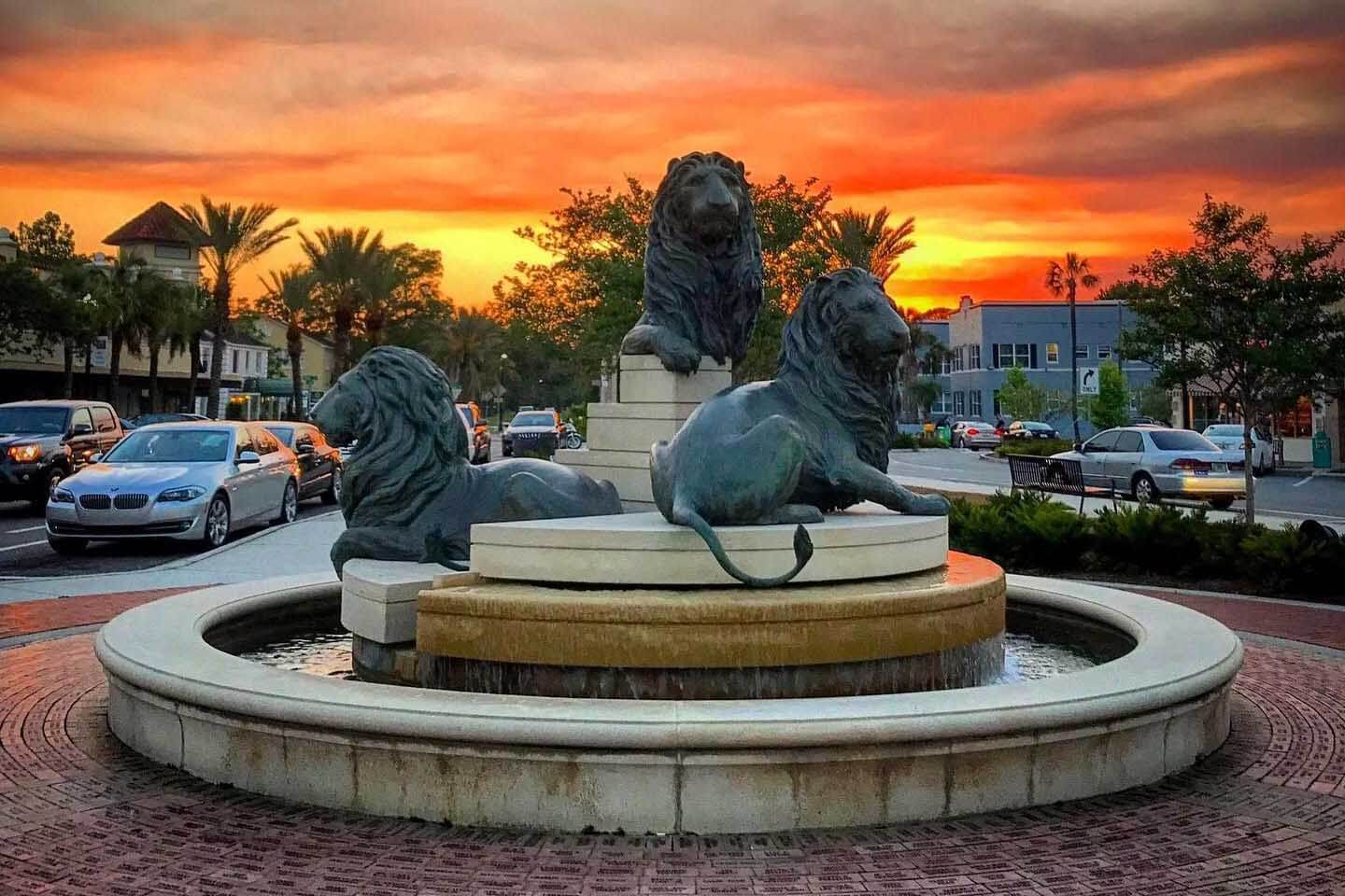 Lions and fountain at sunset