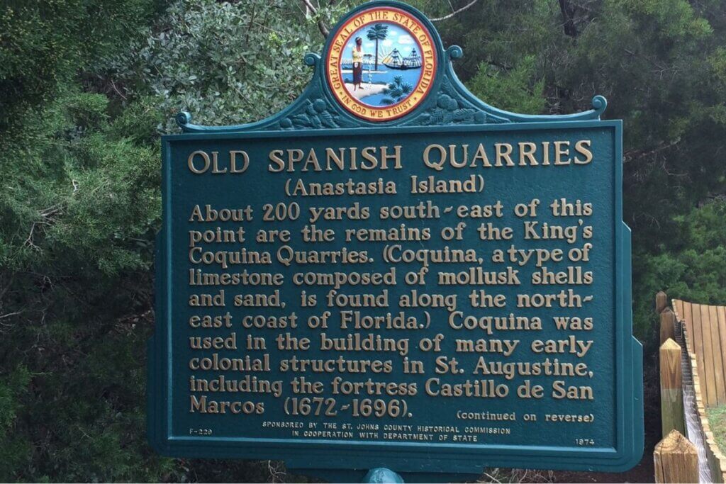 Old Spanish Quarries on Anastasia Island historical sign