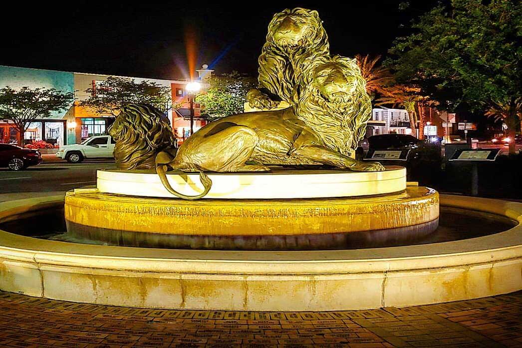 Lion statues in the fountain in the center of town. 