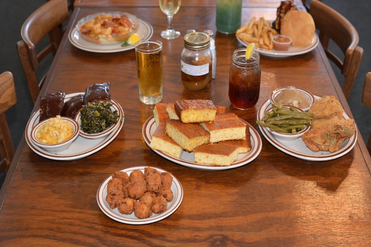 Platters of food on table. 