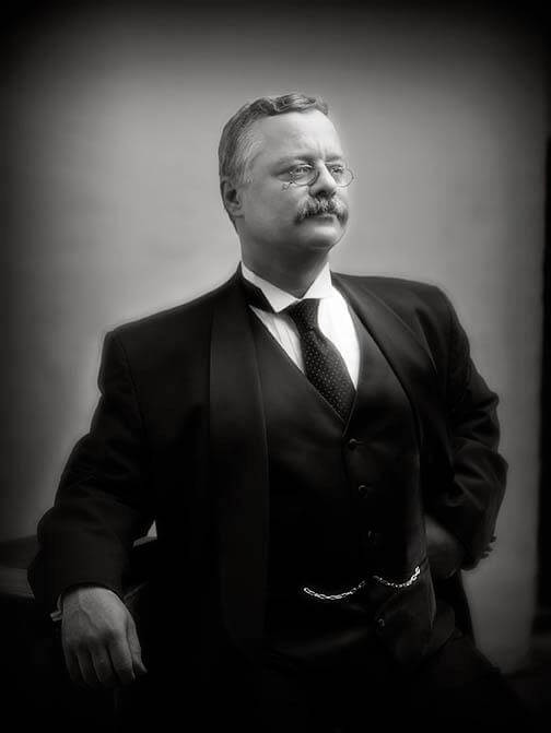 Teddy Roosevelt portrait in black and white. 