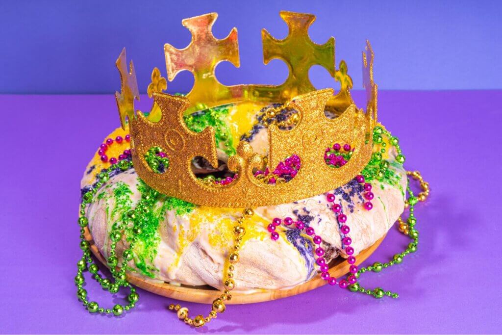 Mardi Gras King Cake with a crown