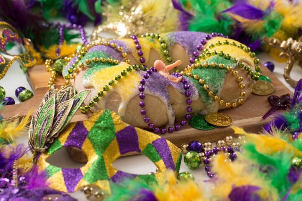 Mardi Gras King Cake with baby and masks