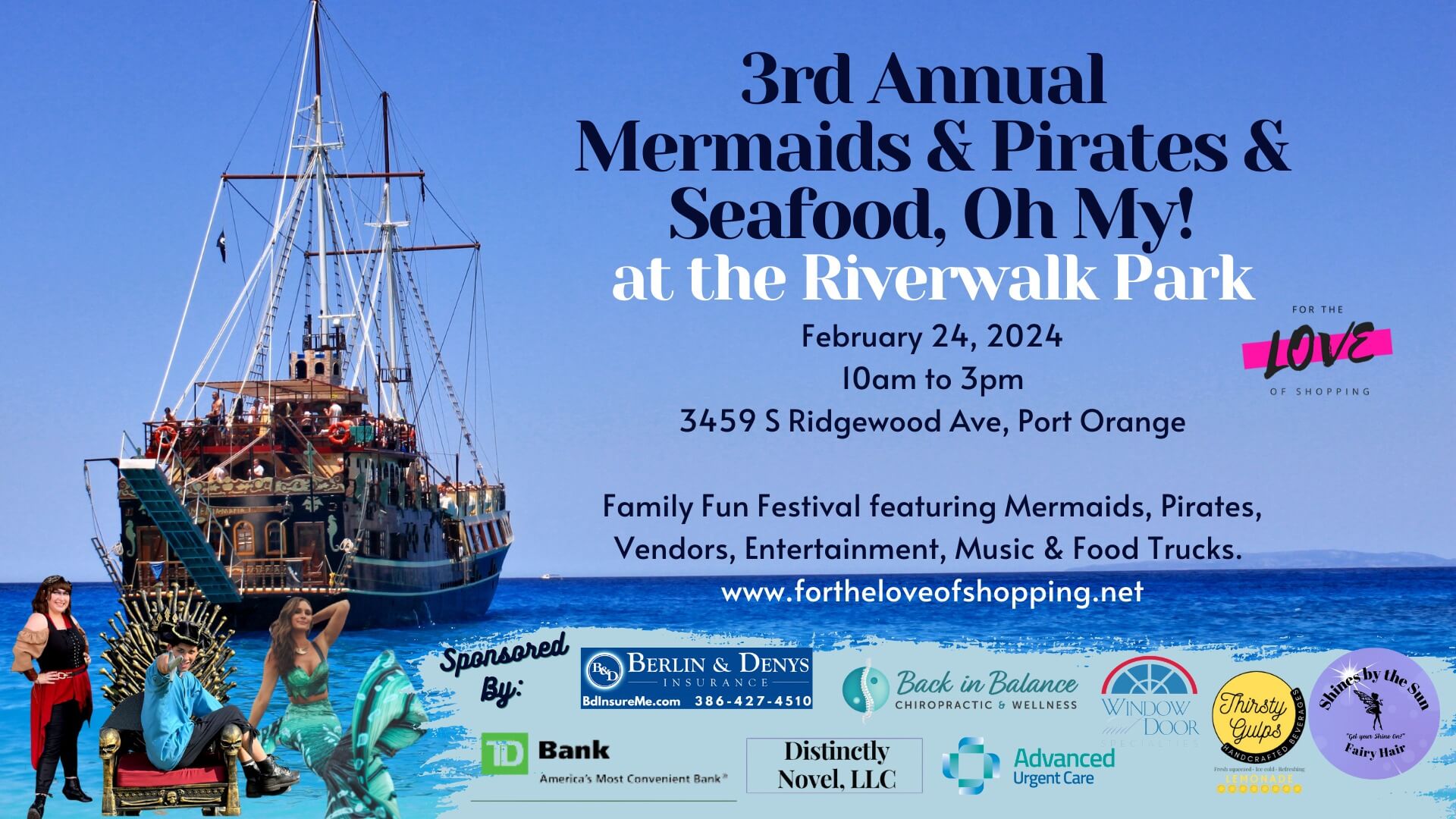 Mermaids pirates and seafood promotional flyer