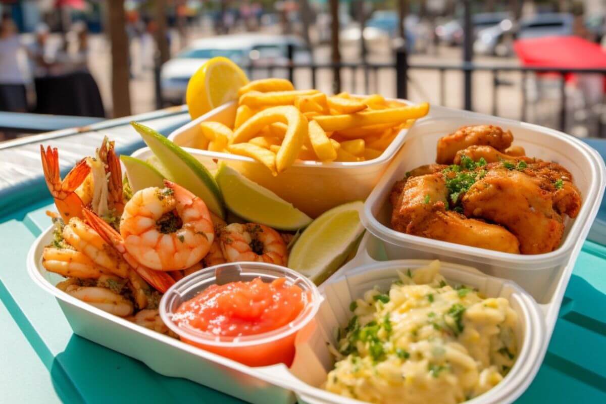 seafood platter includes shrimp, fries, fish and more