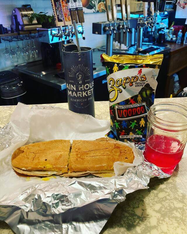 sandwich, drink, and chips