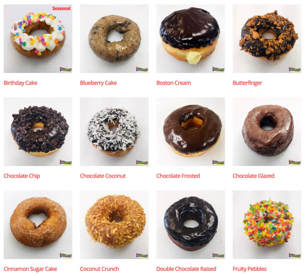 Sample of donut menu from Donut King